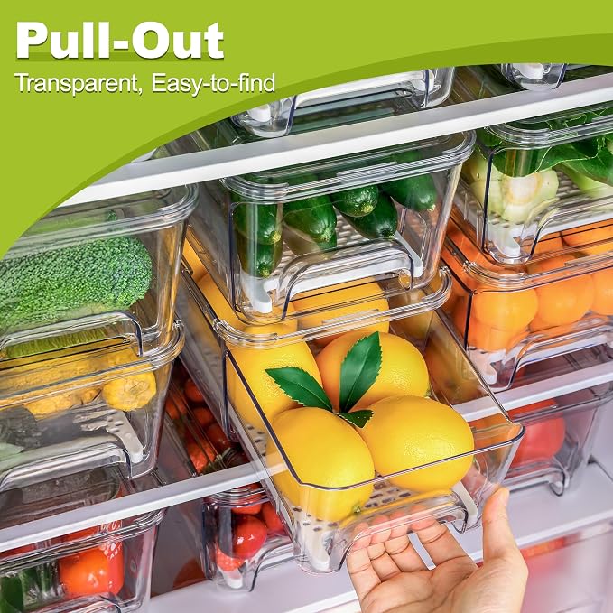Fruit Storage Container for Fridge with Pull-Out Drawer, Drain Layer | 3 Pack, Keeps Fruits and Vegetables Fresh & Dry, Stackable Design, Clear View, Helps Reduce Odors, with Anti-Slip Base