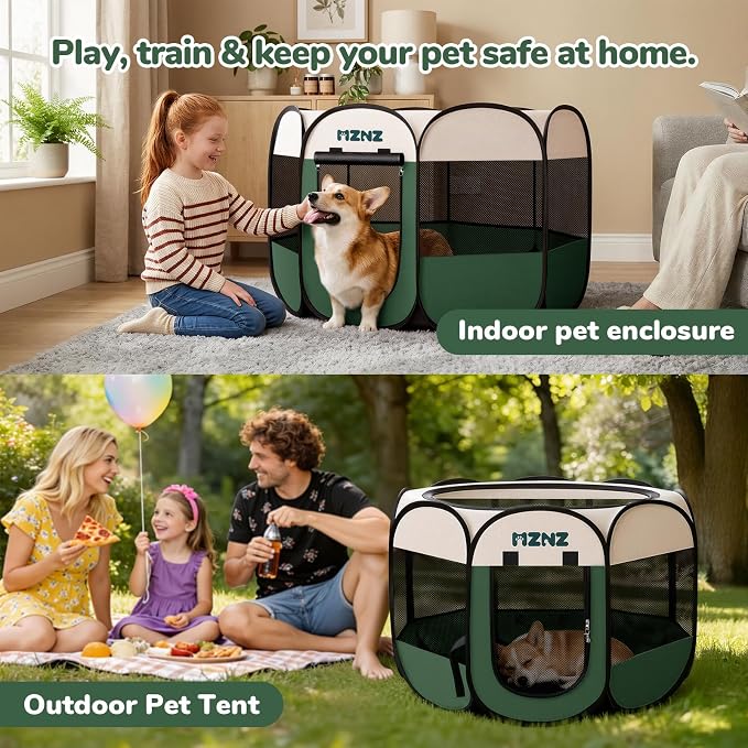 Dog Cat Small Animal Puppy Playpen Crate, Medium, Dark Green | Portable Pop Up Pet Cage Enclosure Tent Kennel Indoor Outdoor with Carrying Case, No Assembly, Camping Use