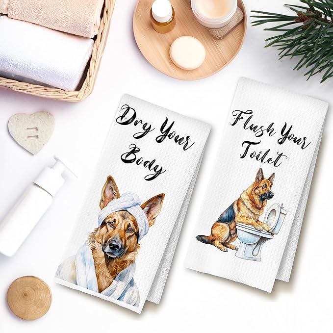 Funny German Shepherd Hand Towels for Bathroom Washroom, German Shepherd Gifts for Women Men, Dog Bathroom Decor, Humor Dog Hand Towels, 16x24 Inch Set of 4