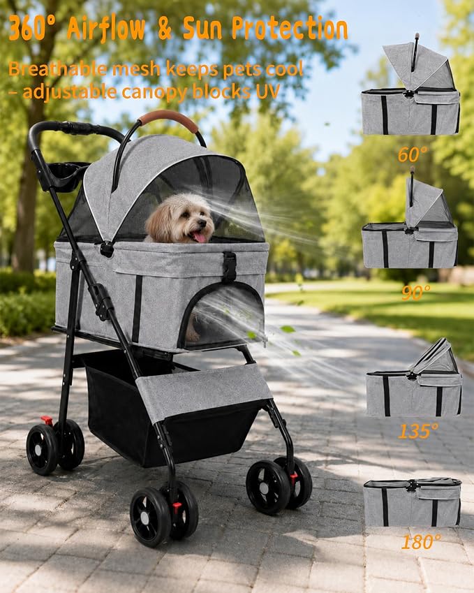 Pet Stroller, 3 in1 Foldable Dog Cat Stroller with Detachable Carrier-Gray | 35lbs Lightweight Foldable Dog Stroller, All-Terrain 4 Wheels, Compact Travel Pet Stroller for Small to Medium Pets
