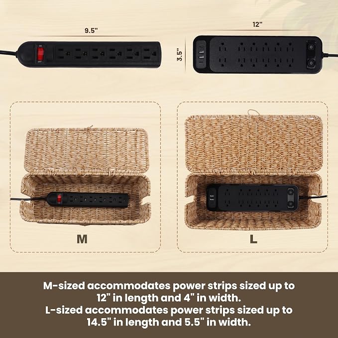 Cable Management Box, Cord Organizer with Lid & Cable Ties - Natural Set | Handmade Open Slots Cord Hider Outlet Covers for Power Strip TV PC Router Charger Under Desk Storage