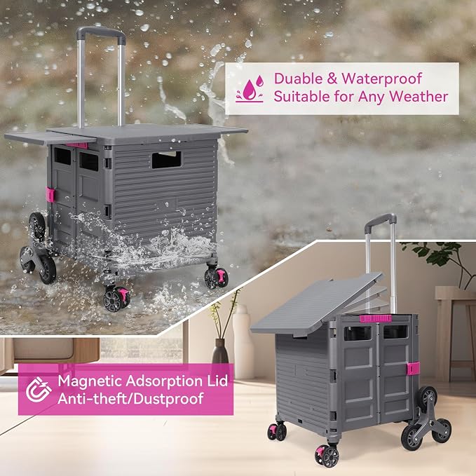 Foldable Utility Cart Portable Crate Rolling Dolly with Telescopic Handle,Can be Pulled diagonally, Magnetic Retractable Lid, 360°Swivel Climbing Wheels for Shopping Carrying Groceries Move Grey