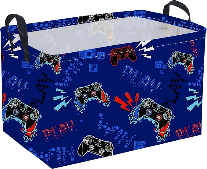 Rectangular Game Basket for Boys,Game Storage Bin,Boy Storage Basket,Collapsible Storage Bin,Gift Organizer, Shelf Baskets,Boy Room Decor(Blue Game)