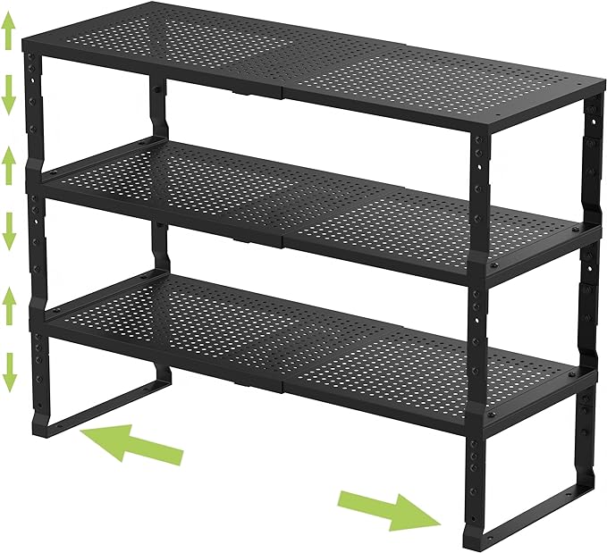 Jojocross Expandable Adjustable Stackable Kitchen Organizer, Spice Rack,Metal Pantry Storage Shelves Racks,Counter Shelf for Cabinets, Countertop, Cupboard (3 Packs/Medium/Black)
