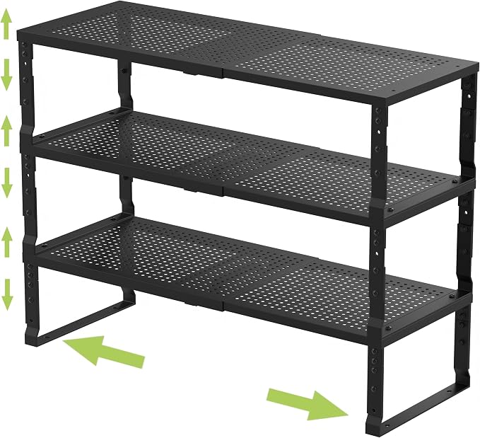 Jojocross Expandable Adjustable Stackable Kitchen Organizer, Spice Rack,Metal Pantry Storage Shelves Racks,Counter Shelf for Cabinets, Countertop, Cupboard (3 Packs/Large/Black)