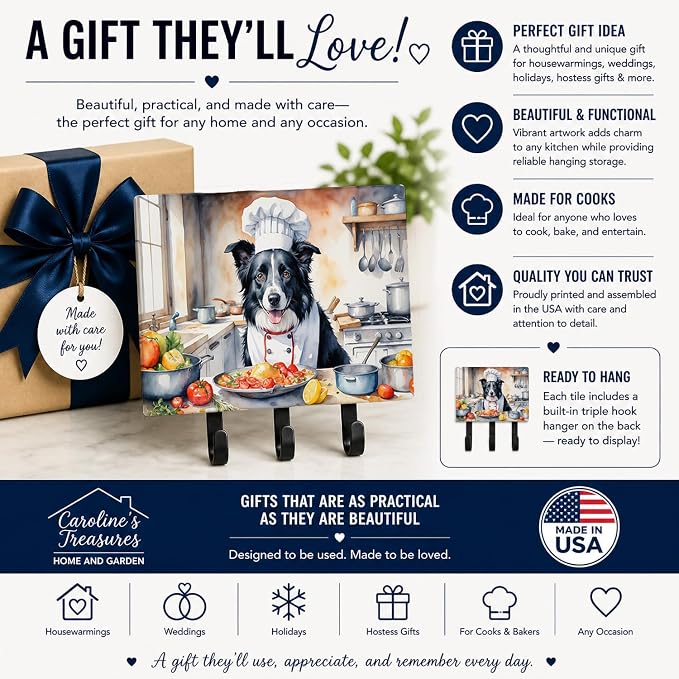 Caroline's Treasures Border Collie The Chef Leash or Key Holder Wall Hooks, Key Hooks Holder, Coat Rack Wall Mount, Coat Hooks, Hooks for Hanging Keys, Towels, Aprons, Leashes | Border Collie The Chef artwork on ceramic tile with three steel hooks for ...