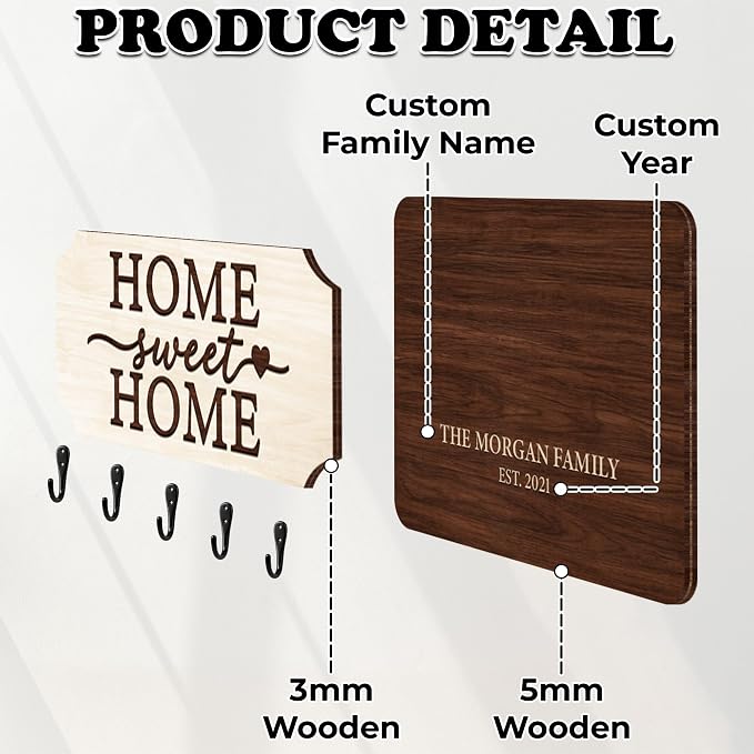 Personalized Key Holder Wall Mount, Custom Wooden Key Hanger with Family Name & Year, Rustic Home Sweet Home Keychain Holder for Wall, Entryway Keys Hook Rack, Housewarming Gifts, Hallways Décor