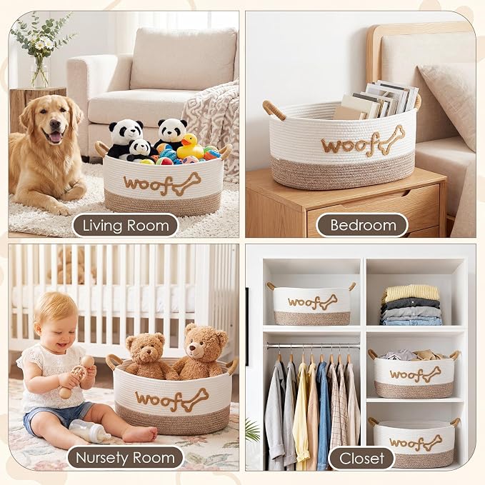 Zhehao Dog Woven Toy Basket with Handles, 19 x 11 x 9 in, White Flaxen | Cotton Rope Dog Toy Storage Bin, Pet Basket with Woof Bone Embroidery, for Puppy Bone & Blankets