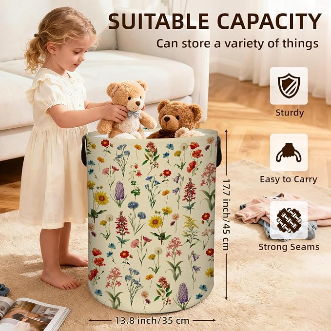 Flower Laundry Hamper, Waterproof Laundry Basket for Bedroom, 43L Round Collapsible Nursery Hamper Storage Bin with Handles for Toys, Storage Basket for Boy Girls, Room Decor, 13.8x17.7 in