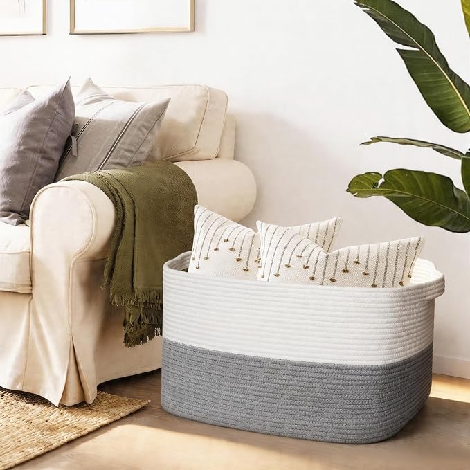 MEGASKET Extra Large Laundry Basket, Rectangle Woven Cotton Rope Storage Basket with Handles, Wicker Laundry Hamper, Farmhouse Storage Bin for Blankets Clothes Toys, Grey, 22" x 17" x 12"