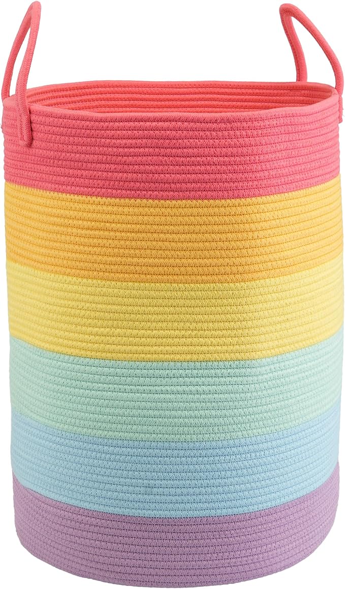 Woven Cotton Rope Laundry Basket Hamper 16" x 22" Large Rainbow | Rope storage basket for dirty clothes, toys and blankets. Perfect for bathroom, baby nursery and living room storage.