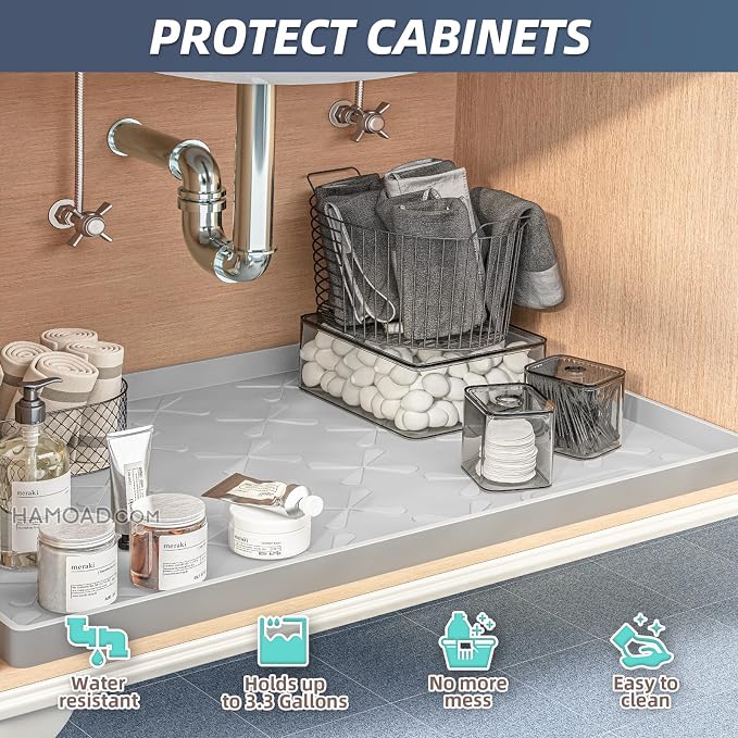 Waterproof Under Sink Mat Silicone 25"x19", Kitchen Cabinet Liner | BPA-Free Silicone Mat with Raised Lip Protects Cabinets from Leaks, Versatile Home Organizer for Bathroom, Pets, Boots, Floor