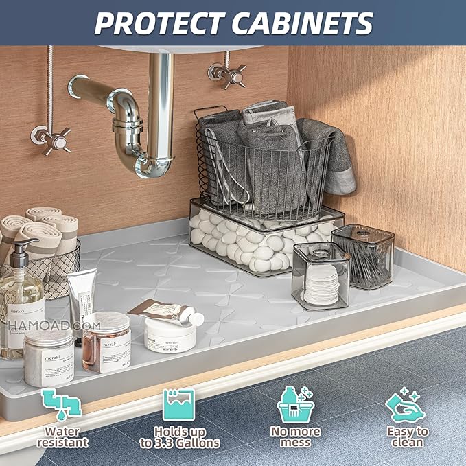 Waterproof Under Sink Mat Silicone 28"x19", Kitchen Cabinet Liner | BPA-Free Silicone Mat with Raised Lip Protects Cabinets from Leaks, Versatile Home Organizer for Bathroom, Pets, Boots, Floor