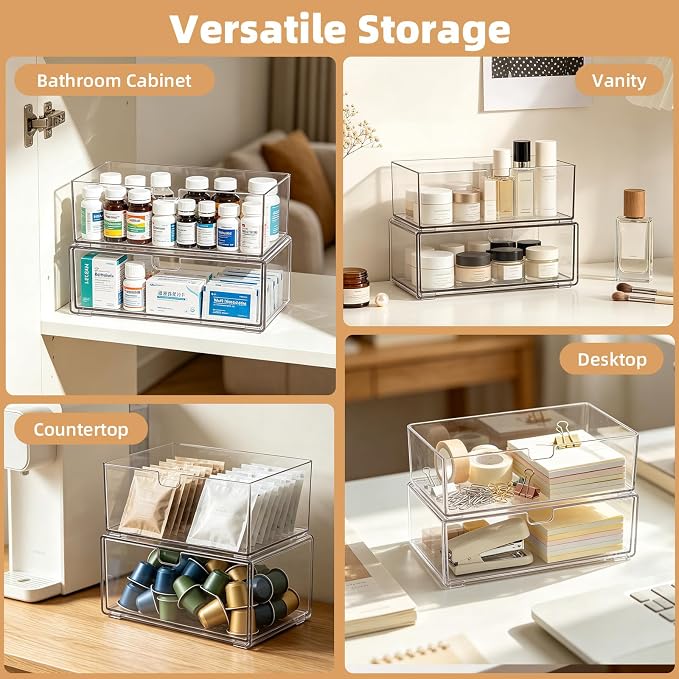 Stackable Medicine Cabinet Makeup Organizer for Bathroom, 2 Pack | Top-Opening and Drawer Design, Clear Access, Dustproof, Non-Slip & Place Stably, Holds Lipstick & Cotton Swab