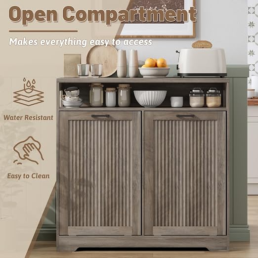 Pet-Proof Double 13 Gallon Tilt Out Trash Can Cabinet with Open Storage – Hide Garbage & Recycling Bins to Keep Your Kitchen Clean and Organized,Wood Grey