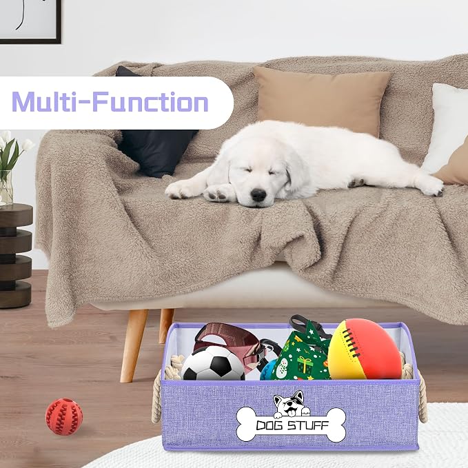 Dog Toy Basket, Storage Bin, Collapsible Box for Pet Accessories | Fabric Container With Handle, Trapezoid Holder for Small Medium dogs, Organizer for Living Room, Purple