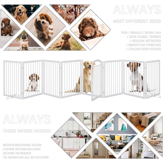 JSB 192-inch Extra Wide 30-inch Tall Dog gate with Door Walk Through,Full Matel Freestanding Round Tube Pet Gate for Halls Stairs, Puppy Safety Dog Fence with 4PCS Support Feet (White)