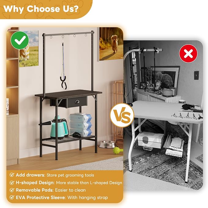 Dog Grooming Table with Drawers and Mesh Tray,32 Inch Adjustable Pet Grooming Table with Non-slip Removable Washable Mat and EVA Protective Lanyard ,Professional Grooming Table for small Dogs at Home