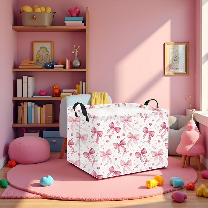 Rectangular Pink Basket for Girls Kids Baby Storage Basket Storage Bin Organizer Box Room Decor(Pink Bowknot)