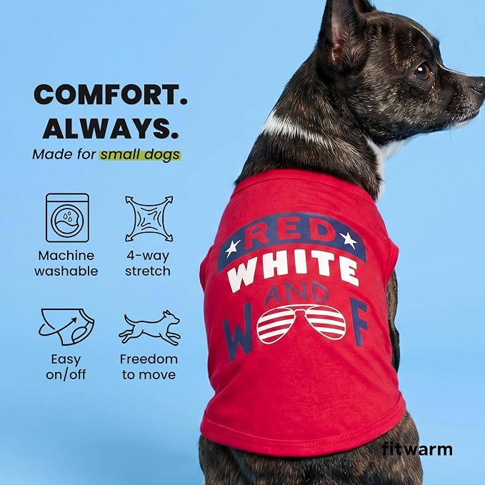 Fitwarm Patriotic Red White and Woof Dog Shirt, 4th of July Dog Clothes for Small Dogs Boy Girl, Funny Doggy Summer Clothes, Pet Outfit, Red, Blue, White, Large