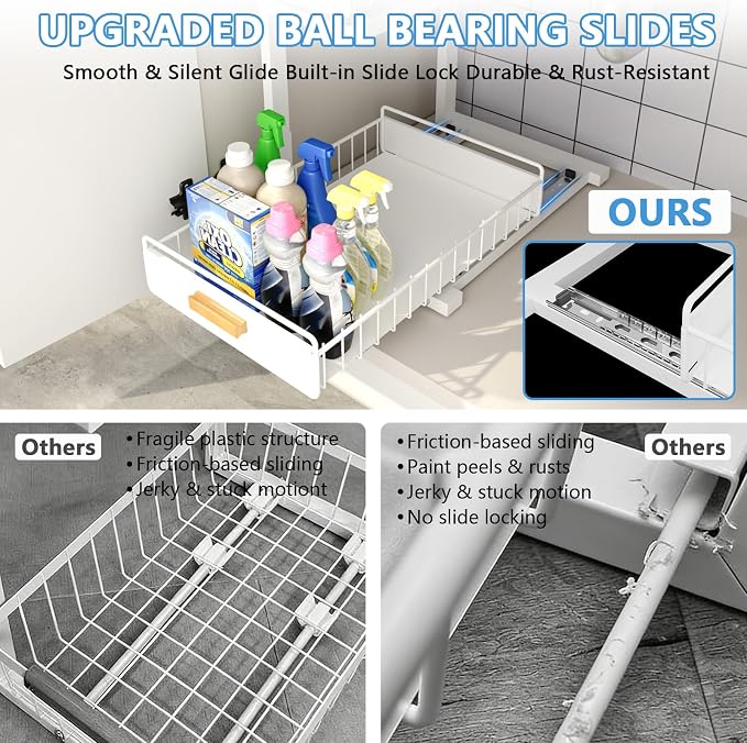 Under Sink Organizer Kitchen - Upgraded Professional Rails, 2 Tier Dual Pull Out Cabinet Storage, Height Adjustable Under Sink Storage, Metal Sliding Drawer for Kitchen & Bathroom, White, 2 Pack