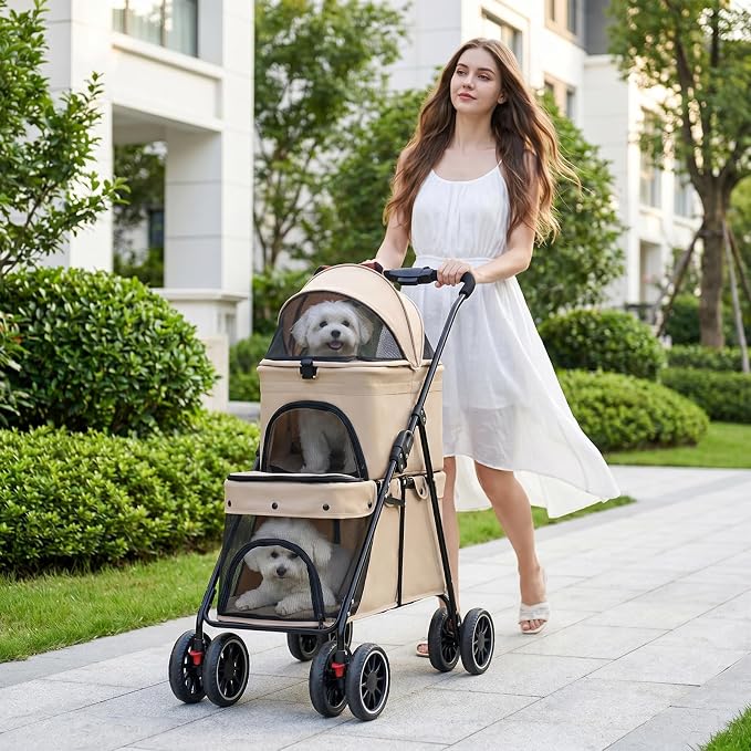 YYW Double Pet Stroller Foldable 2 Carriages Lockable Wheels Khaki | Travel Strolling Cart, Top Detachable Carrier, Ideal for Multi-Pet Families, Small Dogs & Cats, Outdoor Walks & Vet Visit
