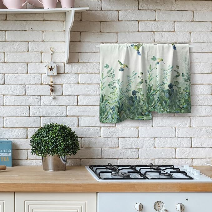 Giwawa Sage Green Leaves Hand Towels Eucalyptus Hummingbird Bird Kitchen Dish Towel Set of 2 Soft Guest Face Towel Spring Summer Home Decorations