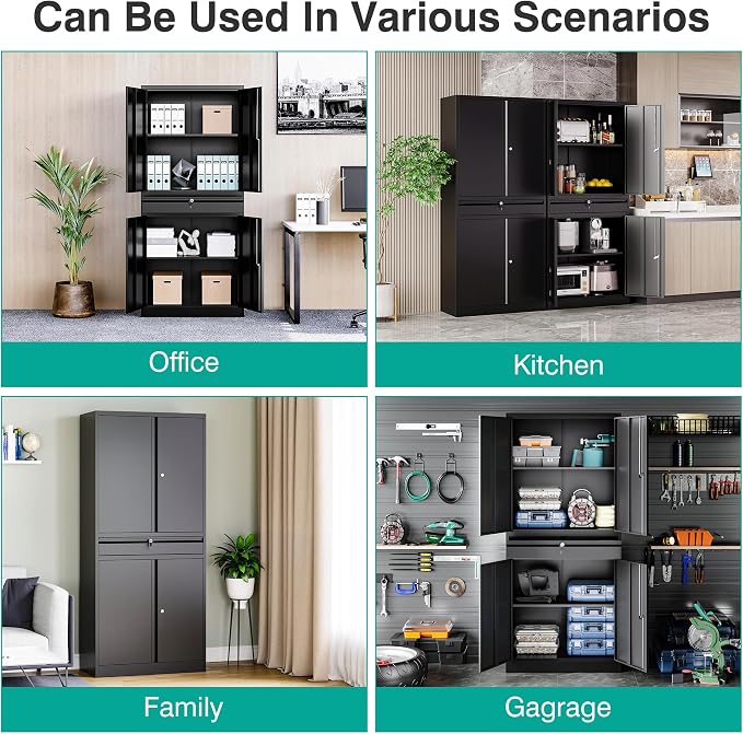 Metal Garage Storage Cabinet with Drawer and Lock,Black Metal Storage Cabinet with Locking Doors and Adjustable Shelves,71" Tall Large Steel Tool Cabinets for Home,Office,Garage,Shop