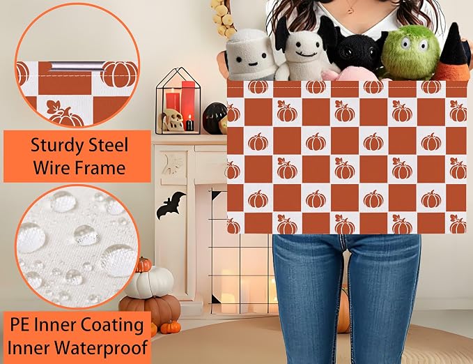 Large Halloween Themed Candy Gift Boo Basket for Kids Baby Personalized Adults Storage Bin Fall Decor(Grid Pumpkin)