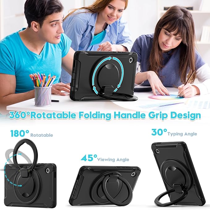 Heavy Duty Shockproof Case for Samsung Galaxy Tab A11 8.7 Inch 2025 (Model: SM-X133/X135/X135F) - with 360° Rotating Stand Handle, Built-in Screen Protector,Kid-Friendly Protective Cover (Black)