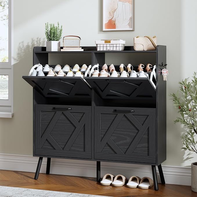 Shoe Cabinet with 4 Flip Drawers, Hidden Shoe Rack Cabinet with Metal Legs, Farmhouse Narrow Shoe Storage Cabinet for Entryway, Foyer, Hallway, Black