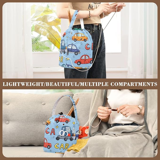 Tatenale Crochet Bag Yarn Bag Knitting Project Bag with Pockets and Handle Portable Yarn Storage Organizer Tangle Free 8.3x11 InchLight Blue Cars and Stars32