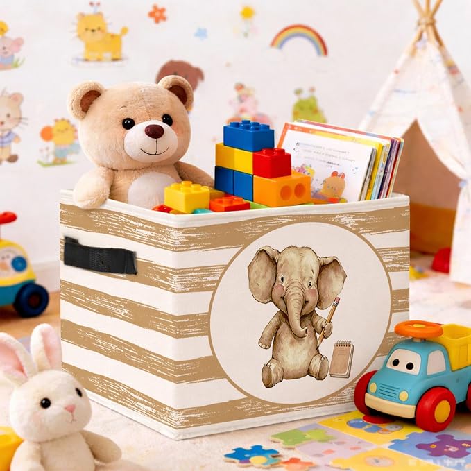 Cute Elephant Pencil Beige Stripe Foldable Fabric Storage Bin | Cute elephant pencil, beige stripe; foldable bin for toys, books, clothes in nursery, classroom or playroom.