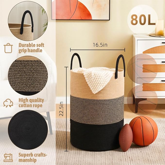 Artfeel Laundry Basket,Woven Cotton Rope Laundry Hamper,80L for Decorative Storage of Dirty Clothes,Toys and Blankets in Bathroom,Bedroom and Living Room