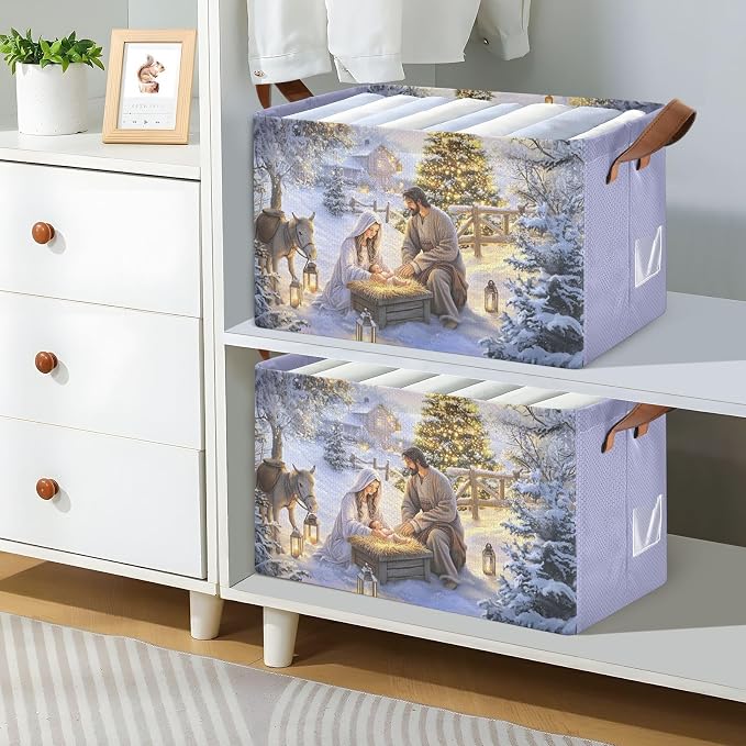 Nativity Scene Holy Night Religious Christmas Storage Bins for Shelves with Labels&Handles Fabric Organizer Bin Foldable Rectangle Storage Basket Boxes for Closet,Bathroom, Home, Living Room