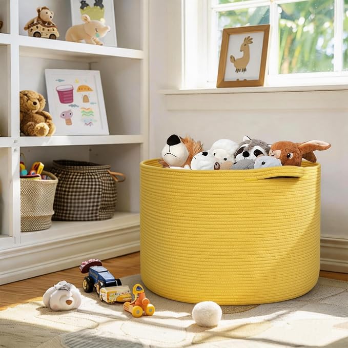 Extra Large 115L Yellow Basket, 23.6" x15.7 Cotton Rope Yellow Decor for Living Room Bedroom, Woven Basket for Blanket, Laundry, Towel, Shoe, Kids Toy Box Organizer, Room Decor Storage Bin