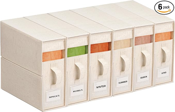 Cotton Linen Sheet Organizers and Storage, 6Pack Off-White | Undyed Natural Cotton Linen Fabric, Fits King and Queen Sheet Sets, Clear Window with Label Slot, Sturdy Foldable Organizer