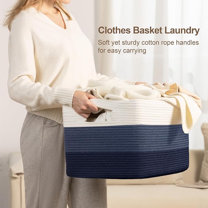 45L Small Woven Laundry Basket Hamper with Handles, Gradient Blue | collapsible wicker hamper, storage for dirty clothes, toys, blankets, gifts, living room, bedroom, bathroom, 18"x14"x11"