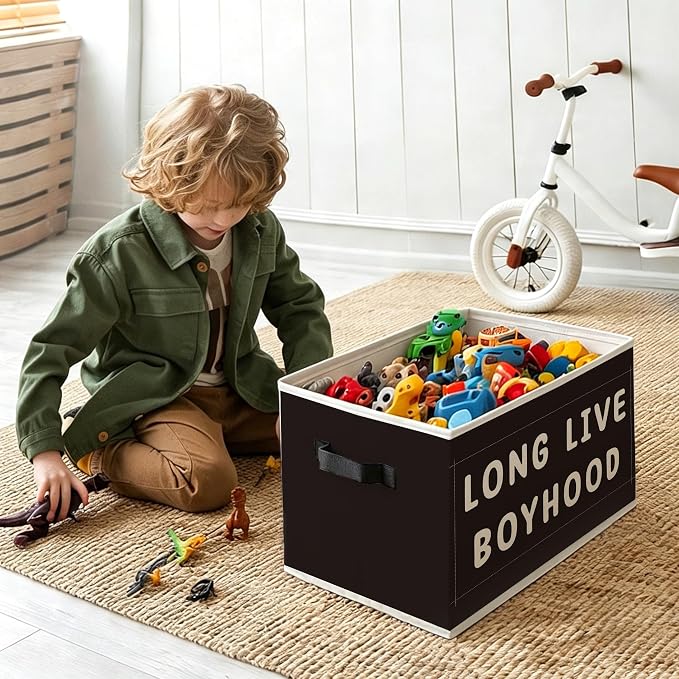Boy Nursery Foldable Storage Bins Box with Handles, Black Minimalist Long Live Boyhood Decorative Storage Boxes Baskets Toybox Organizer for Kids Boy Nursery Toddler Room Bedroom Playroom