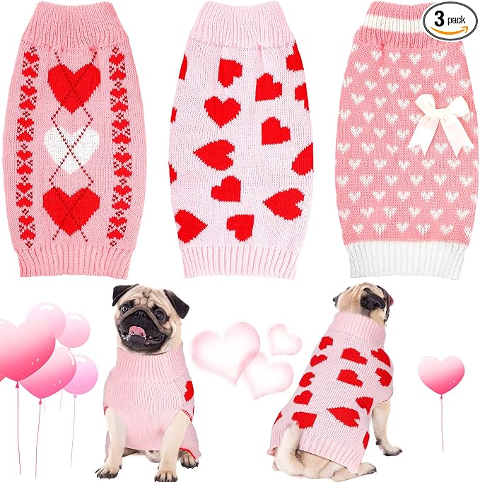 Sanwuta 3 Pieces Valentine's Day Dog Sweaters Sets Red Pink Heart Puppy Dog Sweaters Clothes Pet Knitwear for Pets Cat Pet Saint Valentine's Day Party Costume(Large)