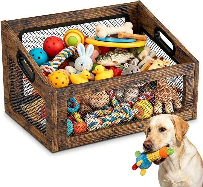 Wood Dog Toy Basket,Chew-Proof Dog Toy Box Bin | Spacious Dog Storage Organizer,Cat Toys Basket Box for Pet Toy Treat Clothes in Living Room