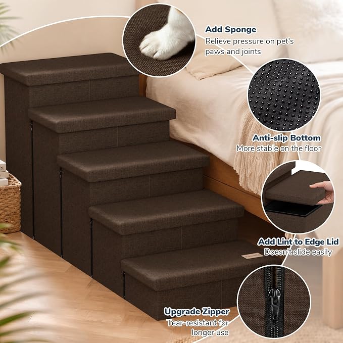 5-Step Wide Dog Stairs with Storage 23" H, Non-Slip Sturdy Pet Steps for High Bed Couch Window, Pet Stairs for Small/Medium/Large Old Dogs Cats Up to 260lbs, Cat Dog Steps for Car/SUV, Coffee