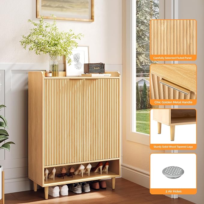 VINGLI Shoe Cabinet with Fluted Doors, 6 Tier Large Wooden Entryway Shoe Storage Cabinet with Adjustable Shelves,44.5" Tall Modern Freestanding Shoe Rack Organizer for Entryway, Hallway, Closet,Oak
