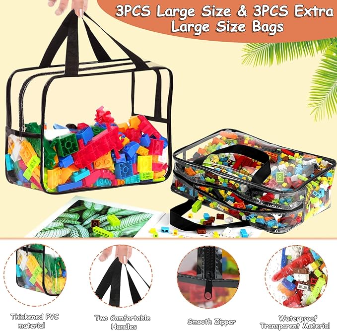 6 Large Toy Storage Bags with Labels Reusable Clear Toy Organizer 3L & 3XL | PVC Waterproof Transparent Organizer Bags with Zipper for Building Blocks, Puzzle, Board Games Travel Storage, Save space