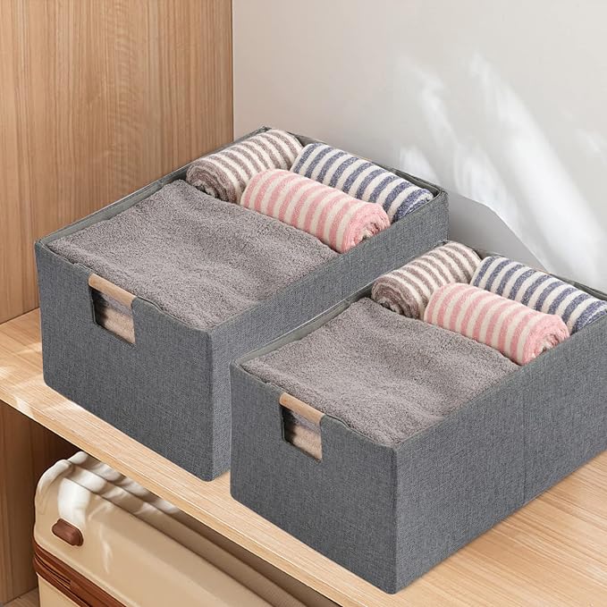 Fabric Storage Box, 16x12in Foldable Cotton Linen Basket with Wooden Handle | Large Rectangular Cube Decorative Home Laundry Organizer Clothes Blanket Container Organizing Clothes Sheets Jeans, Gray