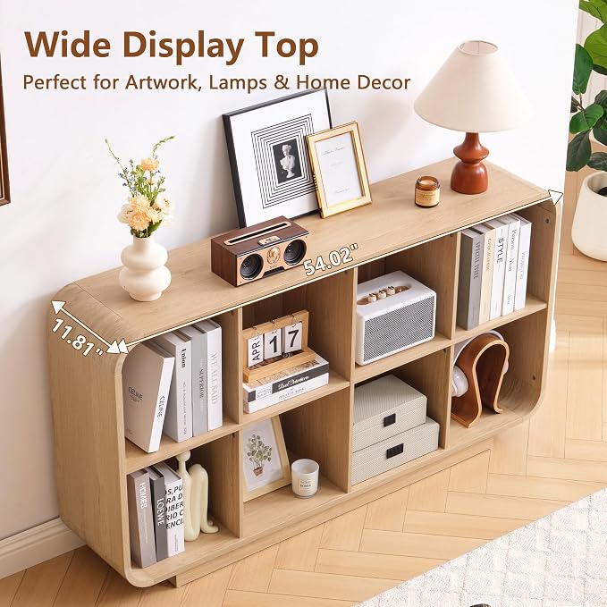 Cube Storage Organizer with Base, 8 Cube 2-Tier Bookcase, Wooden Floor Standing Storage Shelf with Rounded Corners, Anti-Tip Kit, Low Lattice Organizer for Home Office Living Room, Natural