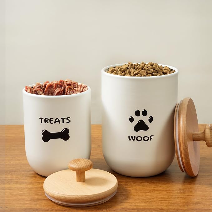 Dog Treat Container Set of 2, Dog treat jar with Airtight Lid, Small dog food container, Dog Cookie Jar for kitchen Counter, Treats Canister, Pet Treat Container 8.3x4.9 & 7.1x4.3 (White)