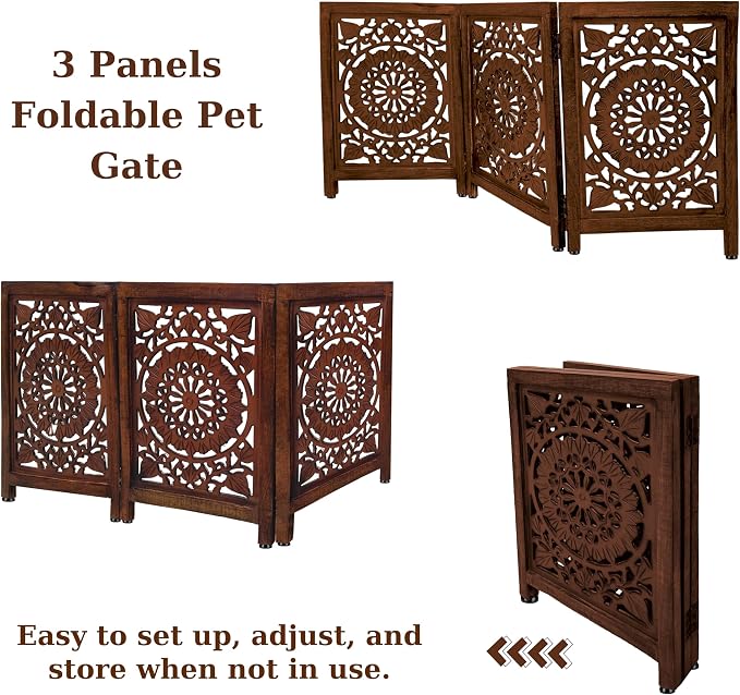 Lightnpro 3‑Panel Wooden Pet Gate – Decorative Carved Foldable Dog Gate, Extra‑Wide Freestanding Indoor Safety Fence for Small Dogs – 24x54 Inch Natural Burnt Finish