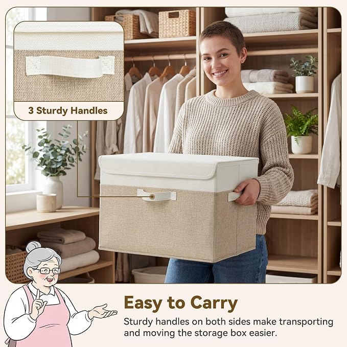 GRANNY SAYS Memory Keepsake Storage Box, Fabric Storage Bins with Lids | Flip-Top Lid, Collapsible, Stackable, 3 Handles, Ideal for Closet Clothes Blanket Toys, Extra Large, Brown/White, 4-Pack