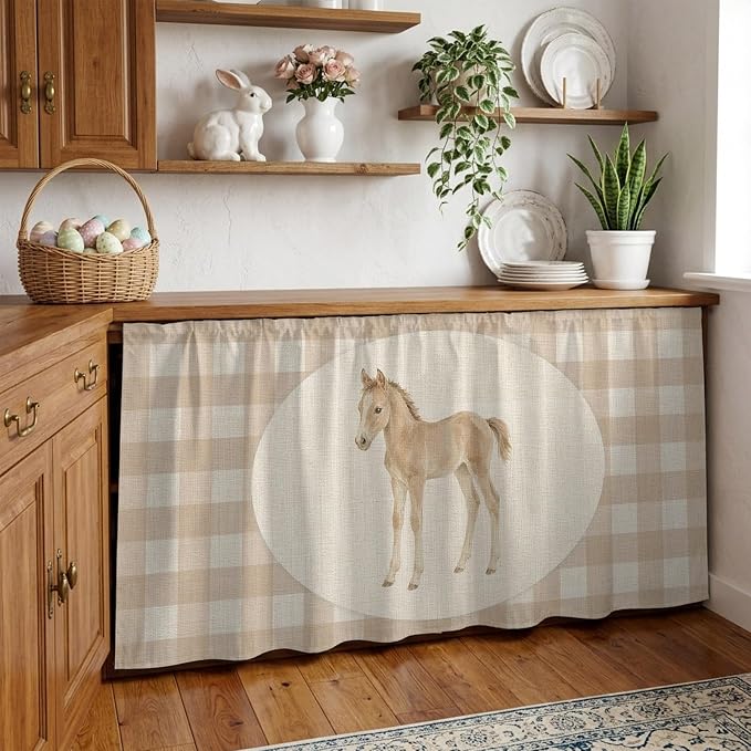 Graceful Pony Cabinet Curtains 28"x51" Sink Skirt for Bathroom Kitchen, Retro Natural Horse Farmhouse Plaid Rustic Self Stick Adhesive Under Desk Covers Tall Laundry Cabinet Storage Organizer